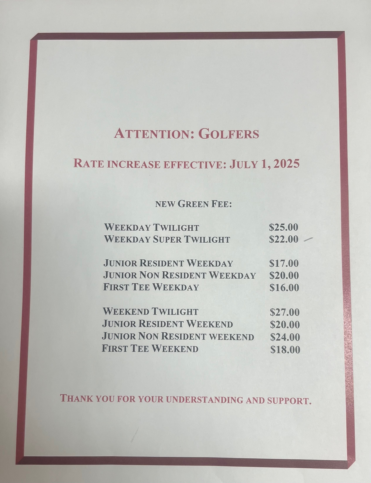 Diablo Creek Rate increase